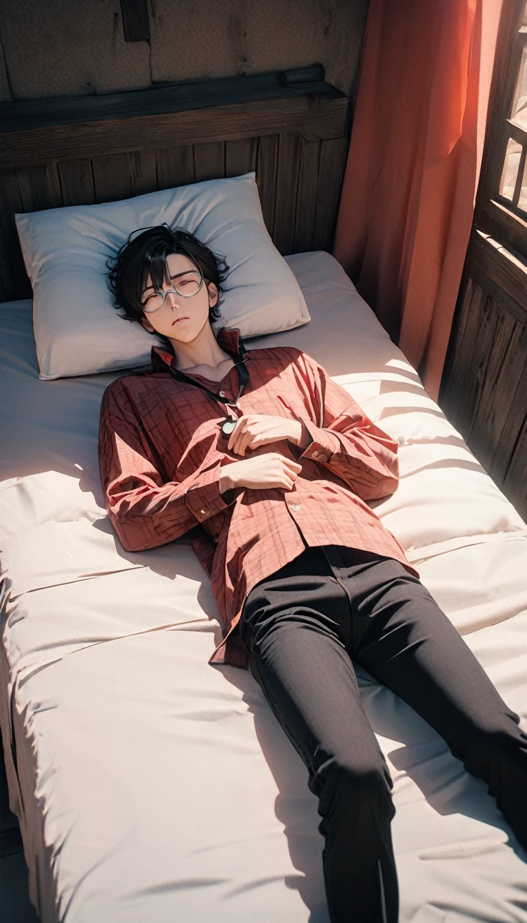 (8K,RAW photos,best quality,masterpiece:1.4),(((Lay flat,Man sleeping in bed))),Ultra-high resolution,Extremely detailed,light,Handsome man,Brown eyes,(delicate eyes,Eyes are bright:1.2),Black hair,Plaid shirt,Dark casual pants with white sneakers,A badge is hung around his neck,(perfect anatomy:1.2),High-quality shadows,Natural Lighting,(The light crimson sky:1.2),night,(Silver thin-rimmed glasses:1.2),(Painful expression:1.2),(Medieval room:1.2),