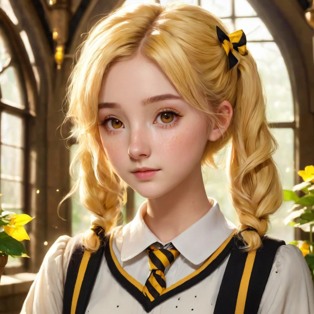 Best quality, masterpiece, Hogwarts student, Hufflepuff, short hair, high twin tails. Short golden blonde twintail hair, serious, very mischievous, cute and bright, with freckles on her face along with her cute puppy in detail. brown eyes A delicate face, beautiful skin, the background is in the Hogwarts greenhouse, soft, mysterious light, soft shadows. Detailed textures, dynamic lighting