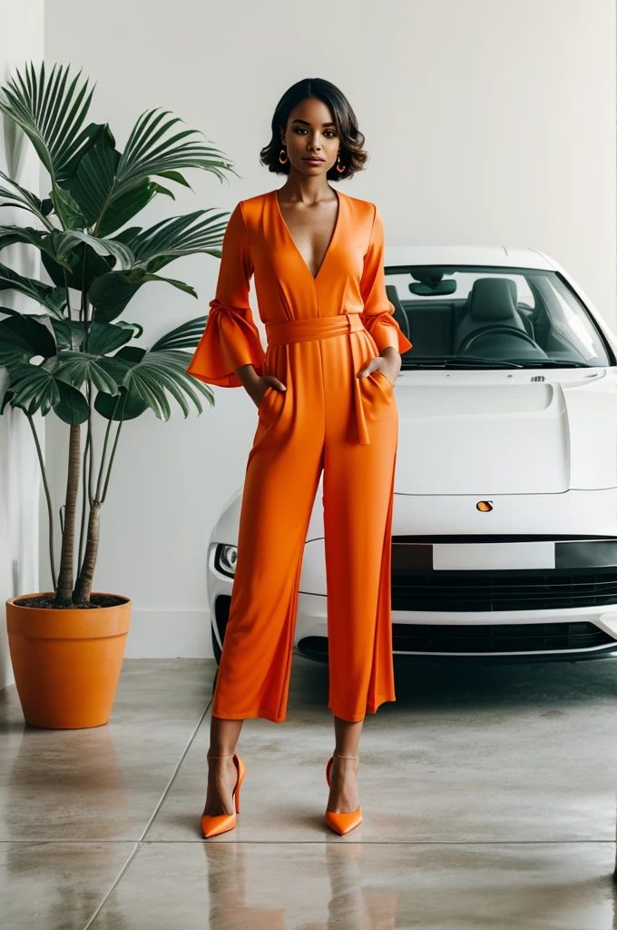 Describe this imaA confident and elegant woman stands in front of a minimalist white wall, dressed in a bright orange satin jumpsuit with billowing sleeves and an open collar, adding a touch of sophistication. Her proud stance, with hands on her  and , emphasizes her powerful presence. Beside her, a matching orange sports car parked on a concrete floor complements the scene with a hint of luxury and modernity. The background features a bright blue sky with a subtle presence of palm trees, evoking a sunny and chic atmosphere.