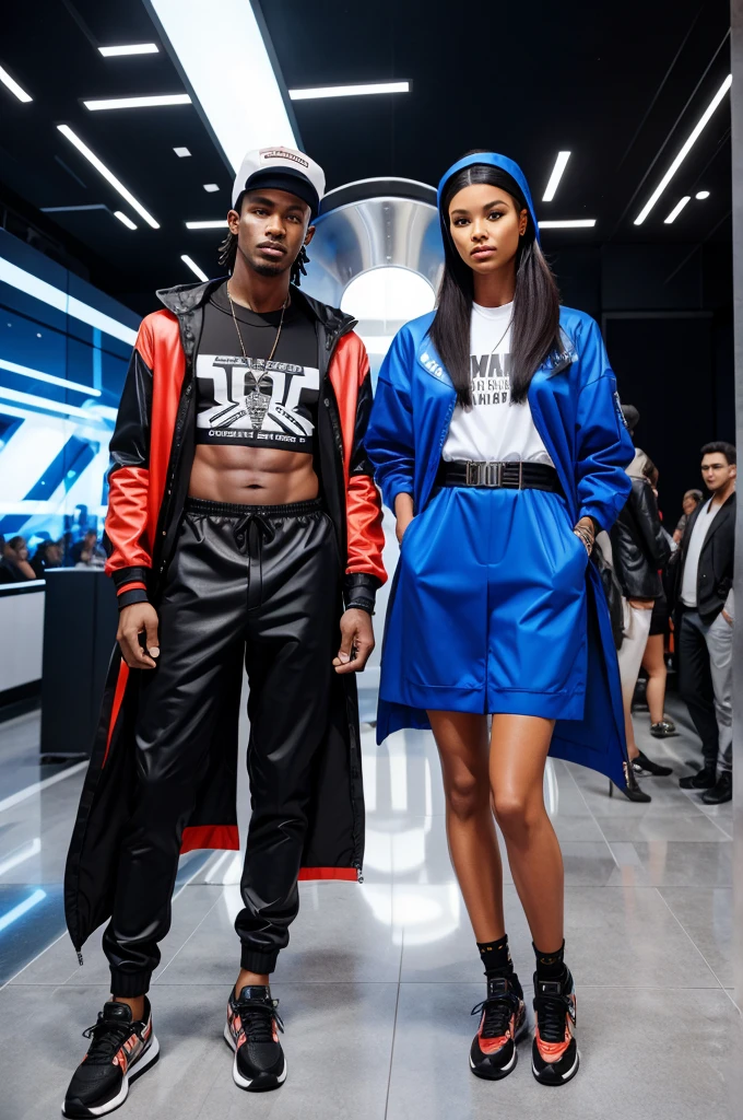 People in 2079 fashion event with men wearing signs and spaceships inspired attire with modern technology and woman wearing huge travel. Mode.
Rn accessories.