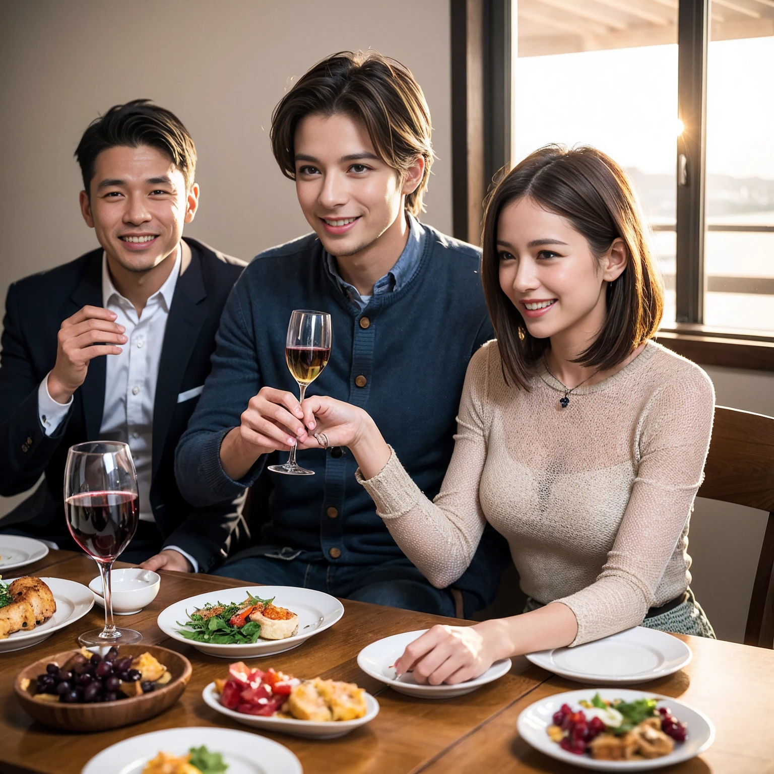 ((Highest quality、8k、masterpiece:1.3))、 (Genuineistic, Genuine、Bright image、Intricate details:1.2), 最高のsmile、1 male 1 female、Beautiful couple、spouse、fiancee、Good friends、actress couple、smile、Full-course dinner at a packed table、 (Slim face), (the body is slim), (Brown Hair), (short hair), テーブルのwine glass、Please shine a light on my face、 Amazing view of the sunset sky and clouds、 (42 years old)40 years old, red wine 、Appetizers、Wine bottle、sparkling wine、Long sleeve shirt、dress、White wine, red wine, wine glass,