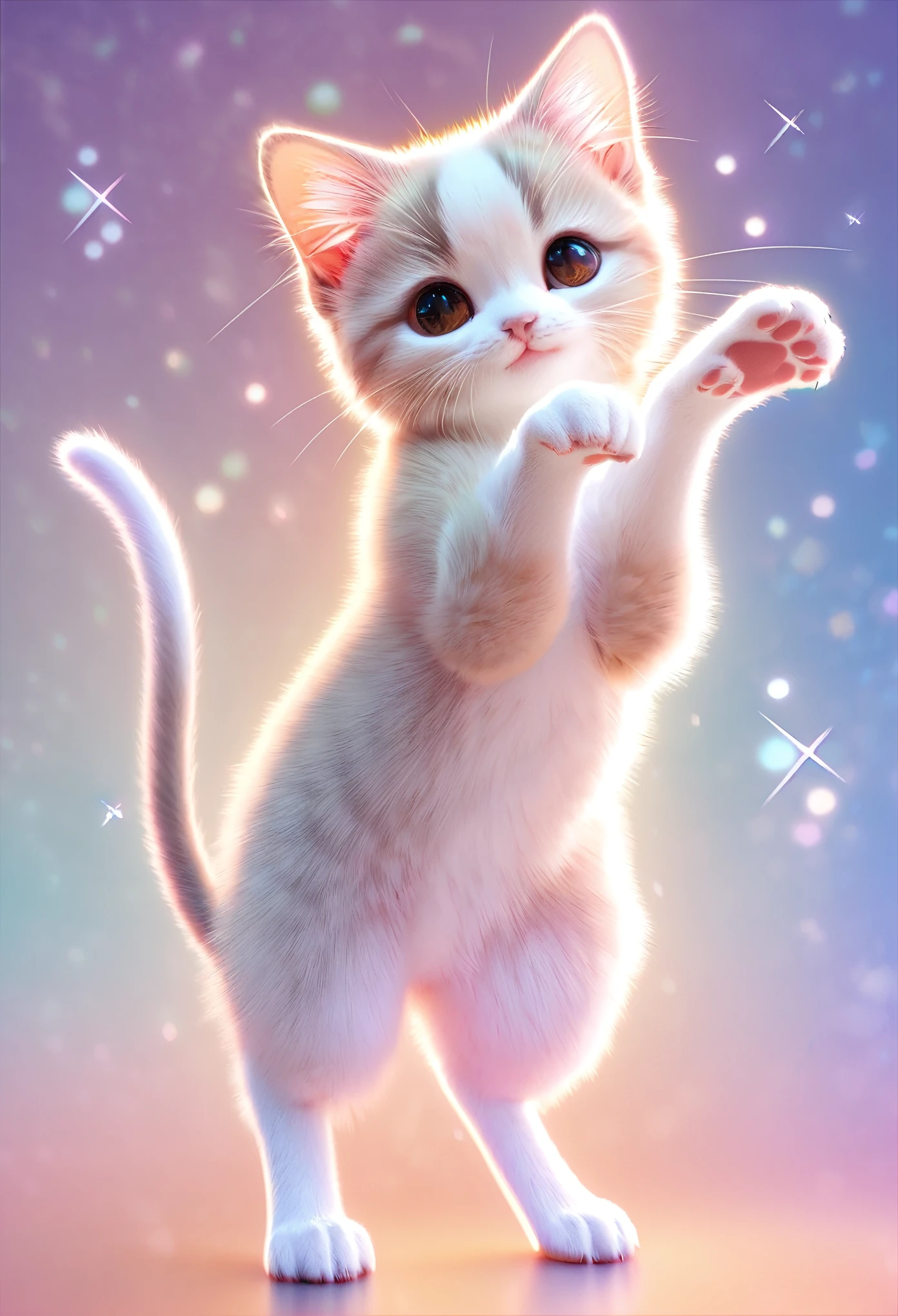 best quality, super fine, extremely detailed, 2.5D, delicate and dynamic, cute fluffy white and brown cat standing, claw pose, paw pose, sparkly pastel color effect background