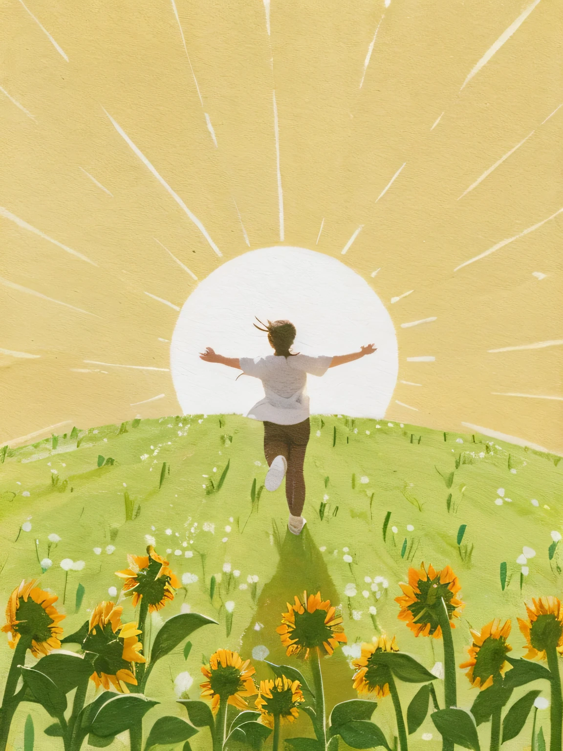 A long-haired girl running towards the sun