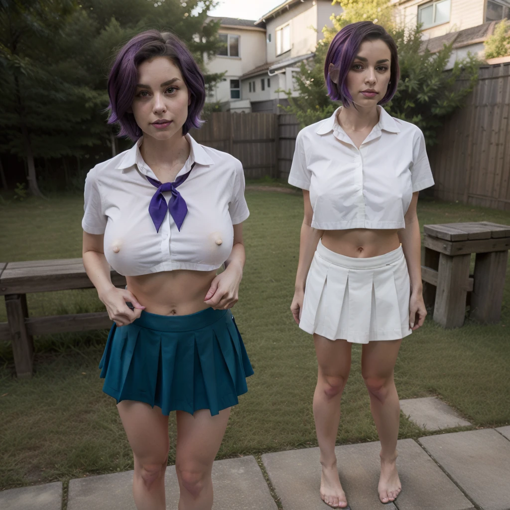 masterpiece, best quality, green eyes, deiailed eyes, purple hair, short hair, two sides up, big breasts, blue skirt, unbuttoned shirt, abs, bare feet, white collared shirt, red neckerchief, standing, outdoors, 