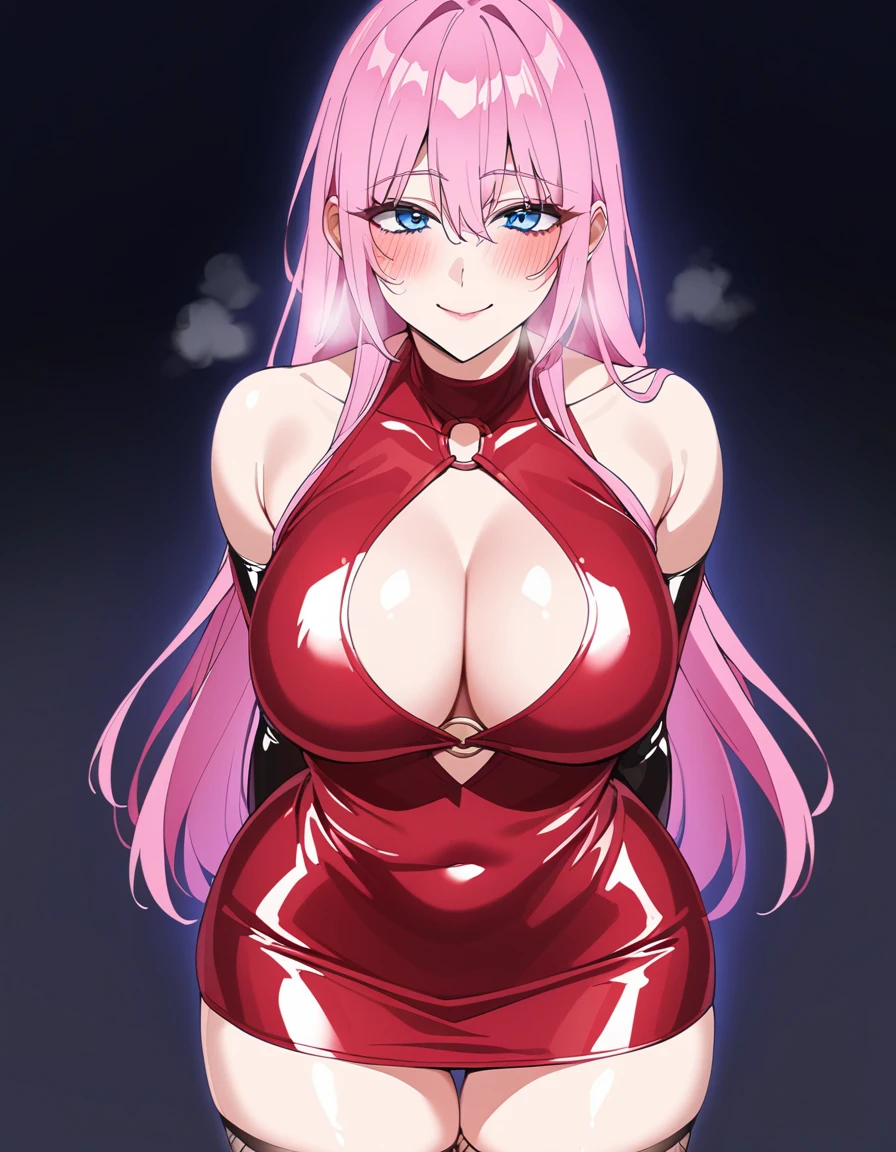 (shoujo-style:1.3), 1girl, shikimorisan, pink hair, long hair, blue eyes, hair between eyes, bangs, blush, makeup, smile, breasts, tight, skin tight, heavy breathing, open clothes, (waist cutout), off shoulder, (bodycon), microdress, cleavage, thighs, latex, shiny clothes, elbow gloves, fishnet thighhighs, thong, (o-ring), looking at viewer, bare shoulders, sleeveless dress, no sleeve, dress, dark room, night, bedroom, cowboy shot, masterpiece, best quality   