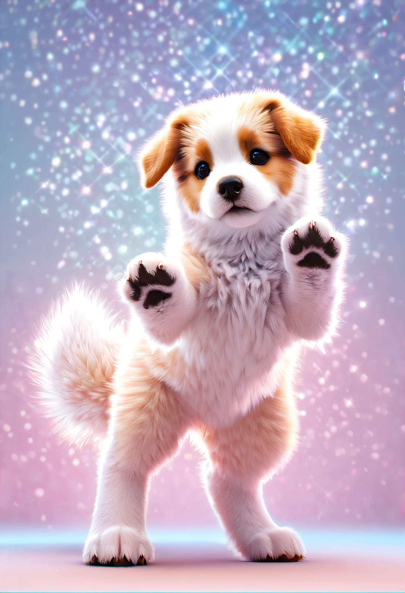 best quality, super fine, extremely detailed, 2.5D, delicate and dynamic, cute fluffy white and brown dog standing, claw pose, paw pose, sparkly pastel color effect background