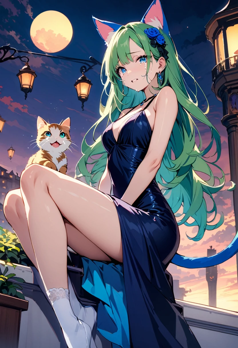 masterpiece, Highest quality, Illustrations for novels, High resolution, 18+ Adult content, Sensual, Intimate, Emotional, Passionate, romantic, sweet, Adorable, Innocent, Pure, Enchanting, Enchantingな, attractive, mysterious, Enchantingな, Enchanting, Immersive, Enchantingな, dream-like, Surreal, Imaginative, Whimsical, Artistic, Avant-garde, timeless, elegant, Sophisticated, chic, Sophisticated, Individuality, original, Enchantingな,One girl,Deltamon_beta, alone, blue eyes, Knee socks, Animal ears, Bare shoulders, Blue Tail, Earrings,Removable sleeves, Green Hair, No sleeve, Cat ear, bag, white Knee socks, Cat's Tail,pink backpack,Pink school bag,Lavender lace: Lavender Peter Pan collar lace dress, Paired with ivory tights and Mary Jane shoes.,Cherry-blossom viewing, azalea, satsuki, azalea blizzard,
rest ((Avoidance method ((kitten)), Crying face)),((Evening Dress,evening dress,Evening Dresses:1.3))