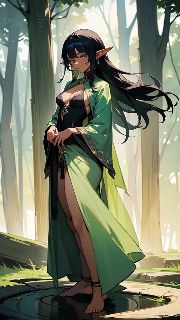 Black-haired young elf with pointed ears,Dark skin,black persian clothing,Waist,Transparent long skirt,,thong,cleavage,,barefoot,Standing,forest