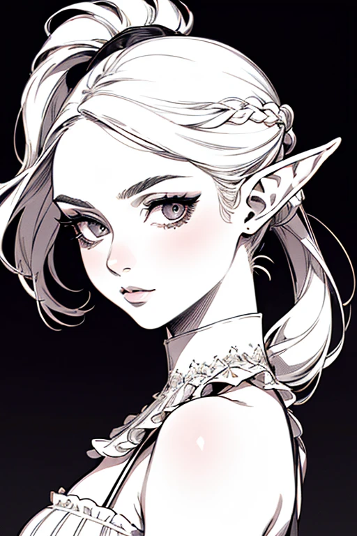 Prima, top quality, (background fine detail), high contrast, one beautiful woman, white sundress, elf, pompous, branded ponytail, head close-up, black background, (black background: 1.5), clean line drawing