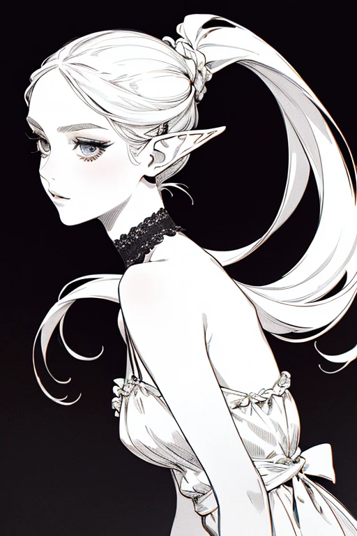 Prima, top quality, (background fine detail), high contrast, one beautiful woman, white sundress, elf, pompous, branded ponytail, head close-up, black background, (black background: 1.5), clean line drawing