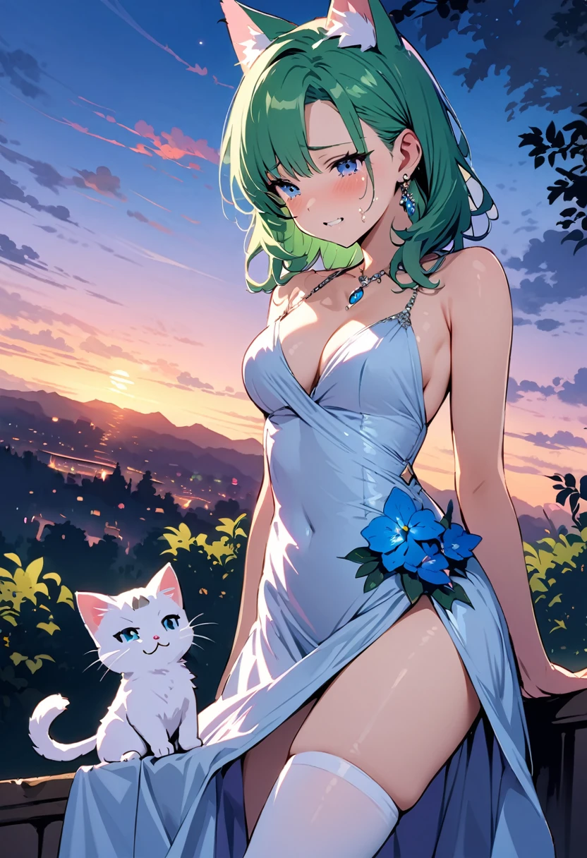 masterpiece, Highest quality, Illustrations for novels, High resolution, 18+ Adult content, Sensual, Intimate, Emotional, Passionate, romantic, sweet, Adorable, Innocent, Pure, Enchanting, Enchantingな, attractive, mysterious, Enchantingな, Enchanting, Immersive, Enchantingな, dream-like, Surreal, Imaginative, Whimsical, Artistic, Avant-garde, timeless, elegant, Sophisticated, chic, Sophisticated, Individuality, original, Enchantingな,One girl,Deltamon_beta, alone, blue eyes, Knee socks, Animal ears, Bare shoulders, Blue Tail, Earrings,Removable sleeves, Green Hair, No sleeve, Cat ear, bag, white Knee socks, Cat's Tail,pink backpack,Pink school bag,Lavender lace: Lavender Peter Pan collar lace dress, Paired with ivory tights and Mary Jane shoes.,Cherry-blossom viewing, azalea, satsuki, azalea blizzard,
rest ((Avoidance method ((kitten)), Crying face)),((Evening Dress,evening dress,Evening Dresses:1.3))