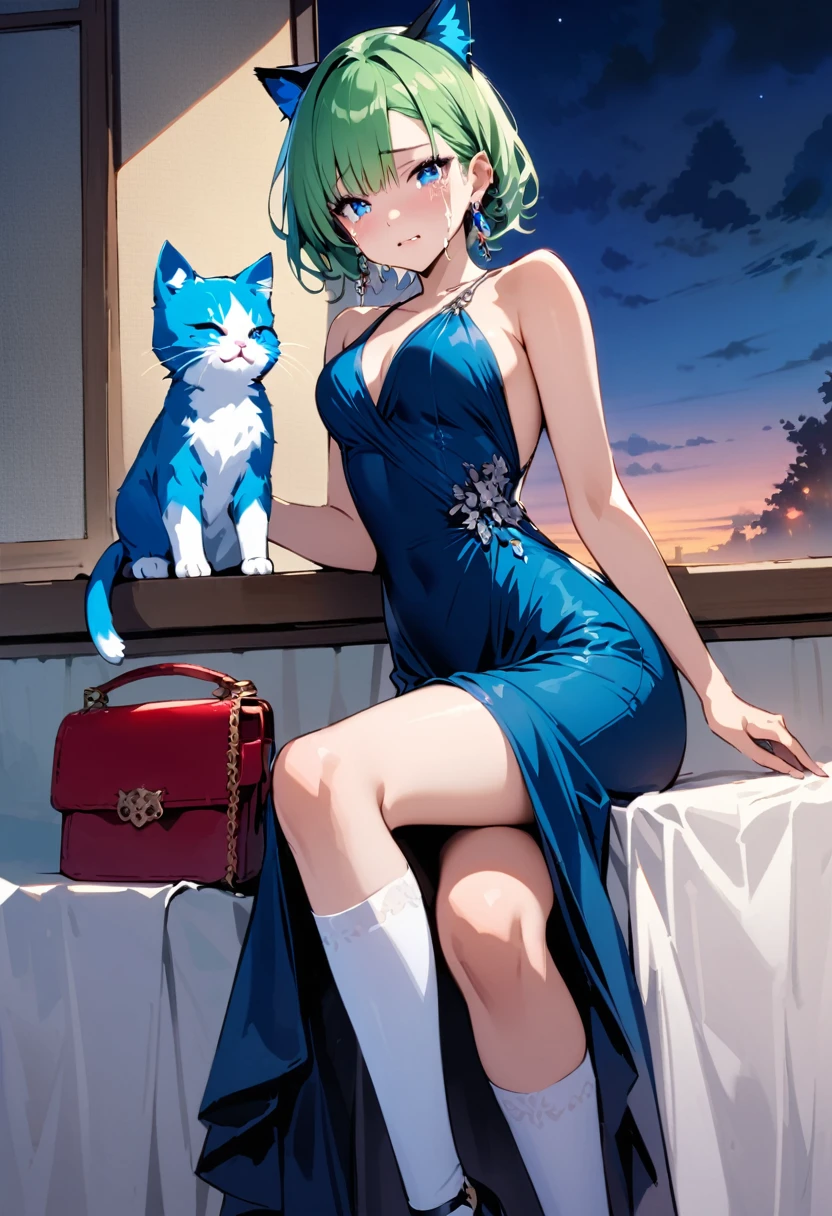 masterpiece, Highest quality, Illustrations for novels, High resolution, 18+ Adult content, Sensual, Intimate, Emotional, Passionate, romantic, sweet, Adorable, Innocent, Pure, Enchanting, Enchantingな, attractive, mysterious, Enchantingな, Enchanting, Immersive, Enchantingな, dream-like, Surreal, Imaginative, Whimsical, Artistic, Avant-garde, timeless, elegant, Sophisticated, chic, Sophisticated, Individuality, original, Enchantingな,One girl,Deltamon_beta, alone, blue eyes, Knee socks, Animal ears, Bare shoulders, Blue Tail, Earrings,Removable sleeves, Green Hair, No sleeve, Cat ear, bag, white Knee socks, Cat's Tail,pink backpack,Pink school bag,Lavender lace: Lavender Peter Pan collar lace dress, Paired with ivory tights and Mary Jane shoes.,Cherry-blossom viewing, azalea, satsuki, azalea blizzard,
rest ((Avoidance method ((kitten)), Crying face)),((Evening Dress,evening dress,Evening Dresses:1.3))