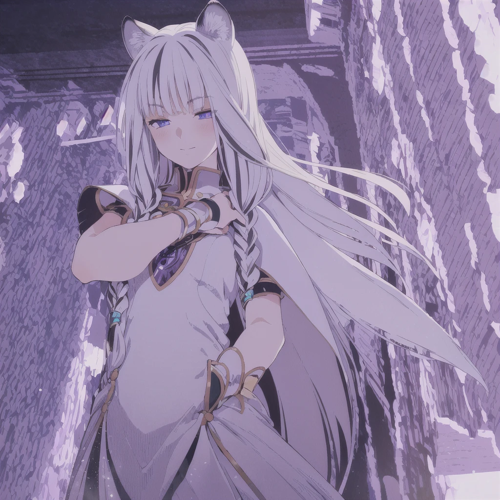 ((masterpiece)), (best quality), (ultra-detailed), photorealistic, (best illustration), ((an extremely delicate and beautiful)), 1girl, solo, long hair, tiger ears, [:tiger tail under:0.2], white hair, two-tone hair, full body, knight armor, crimson glowing details on armor, amulet on neck, Bracelets, crimson crystals in Bracelets, long lilac cape, open eyes, evil purple eyes, looking at viewer, malicious smile, blush, in space, goddess, low twin braids, loosen hair, quiet gesture, white armor, cybernetic armor, hyper detailed space ,best illumination, low mask, mouth covered with mask. 