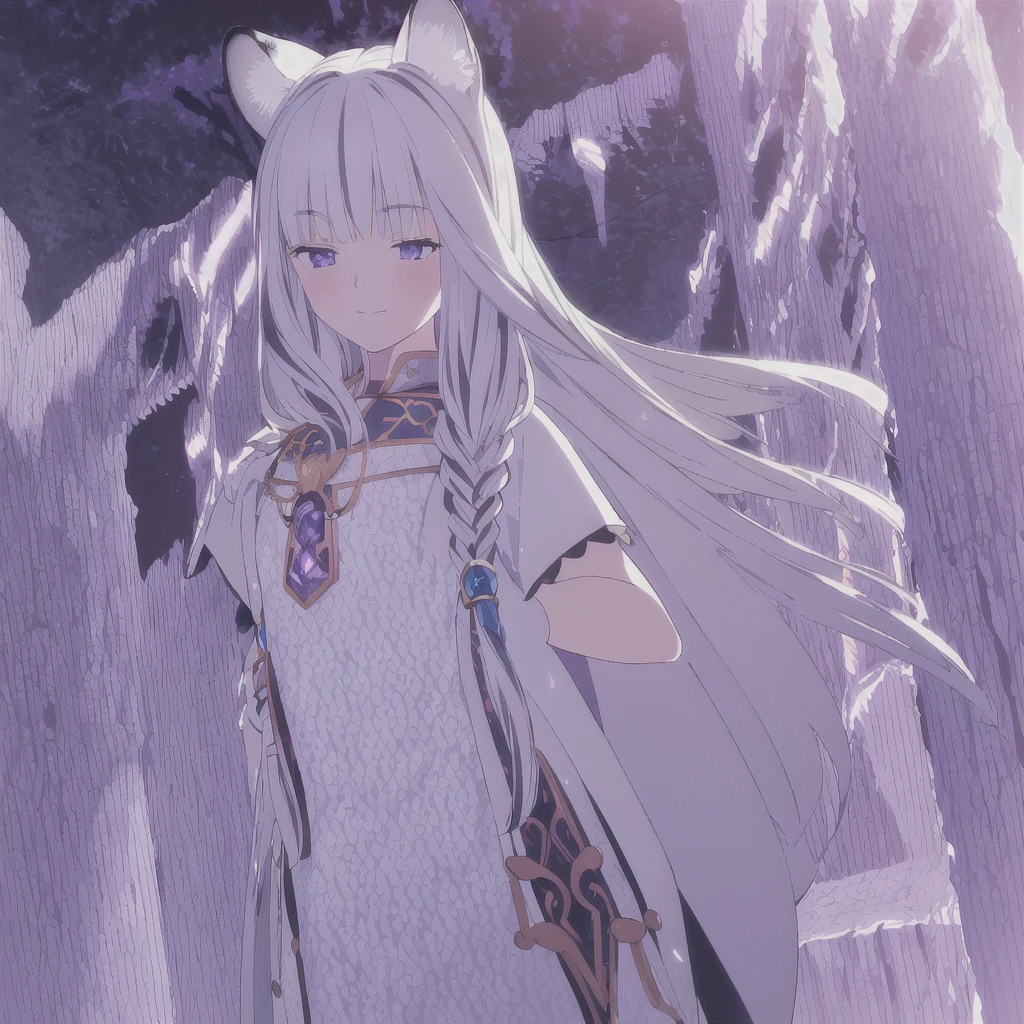 ((masterpiece)), (best quality), (ultra-detailed), photorealistic, (best illustration), ((an extremely delicate and beautiful)), 1girl, solo, long hair, tiger ears, [:tiger tail under:0.2], white hair, two-tone hair, full body, knight armor, crimson glowing details on armor, amulet on neck, Bracelets, crimson crystals in Bracelets, long lilac cape, open eyes, evil purple eyes, looking at viewer, malicious smile, blush, in space, goddess, low twin braids, loosen hair, quiet gesture, white armor, cybernetic armor, hyper detailed space ,best illumination, low mask, mouth covered with mask. 