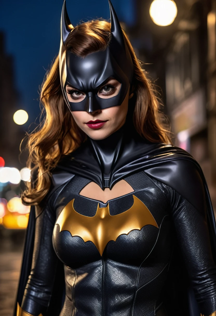 best quality, 8k, very delicate and beautiful, highly detailed face and skin texture, shiny skin, high resolution, batgirl stand on dirty street at night, sharp focus