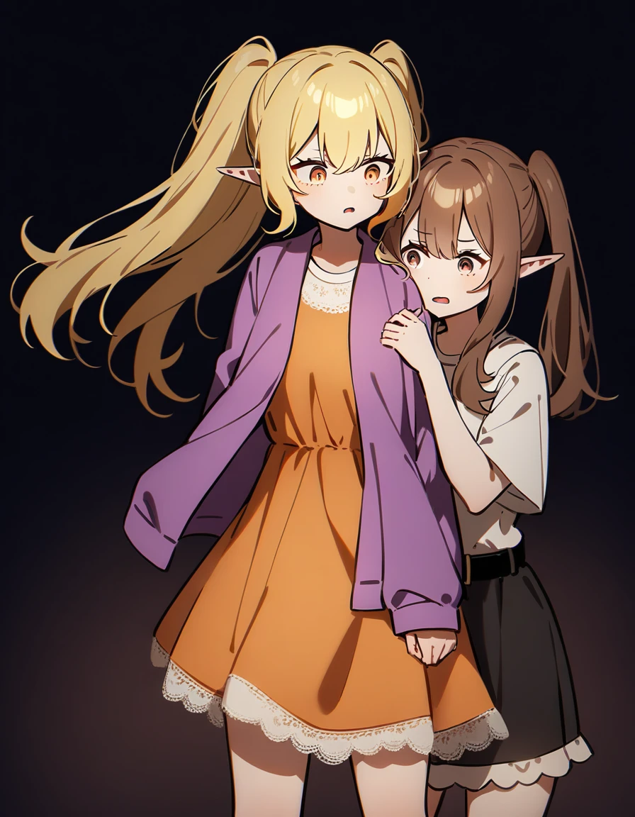 girl, Brown hair, two ponytails in hair, Brown eyes, White T-shirt, orange sundress, Black Belt, Short skirt, white lace at the end of the skirt, White background, full height, 2girl, blonde hair, Dark eyes, long hair, loose hair, elf, purple sweatshirt, In the dark, fear,