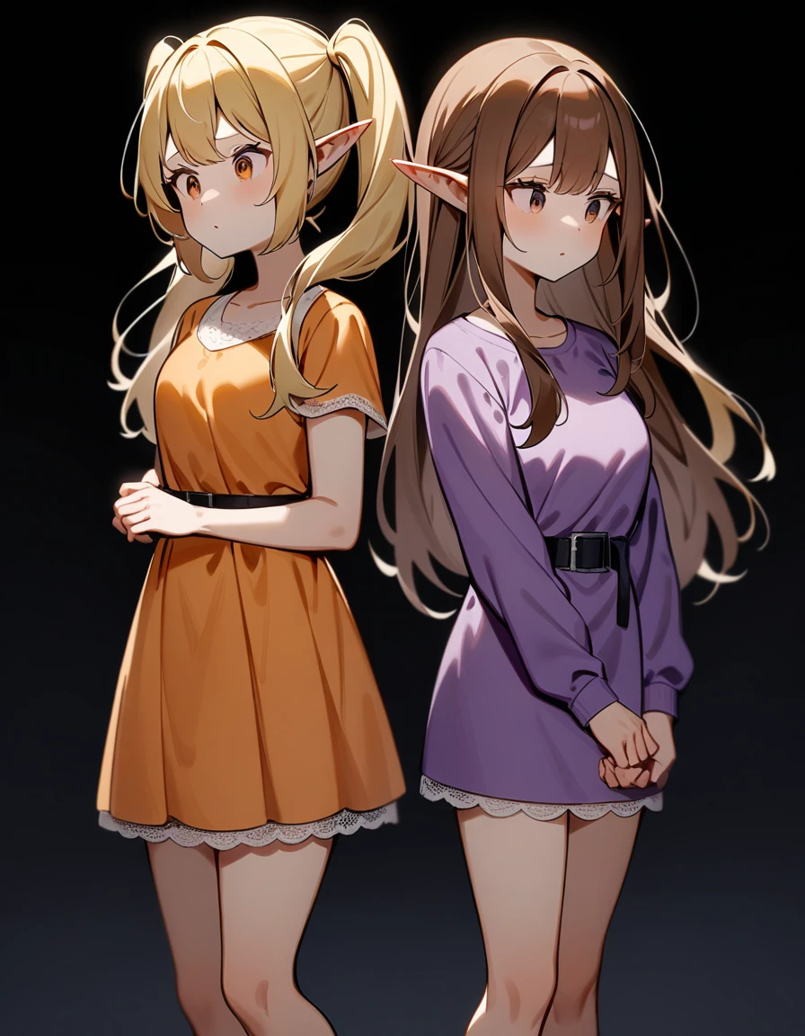 girl, Brown hair, two ponytails in hair, Brown eyes, White T-shirt, orange sundress, Black Belt, Short skirt, white lace at the end of the skirt, White background, full height, 2girl, blonde hair, Dark eyes, long hair, loose hair, elf, purple sweatshirt, In the dark, fear,
