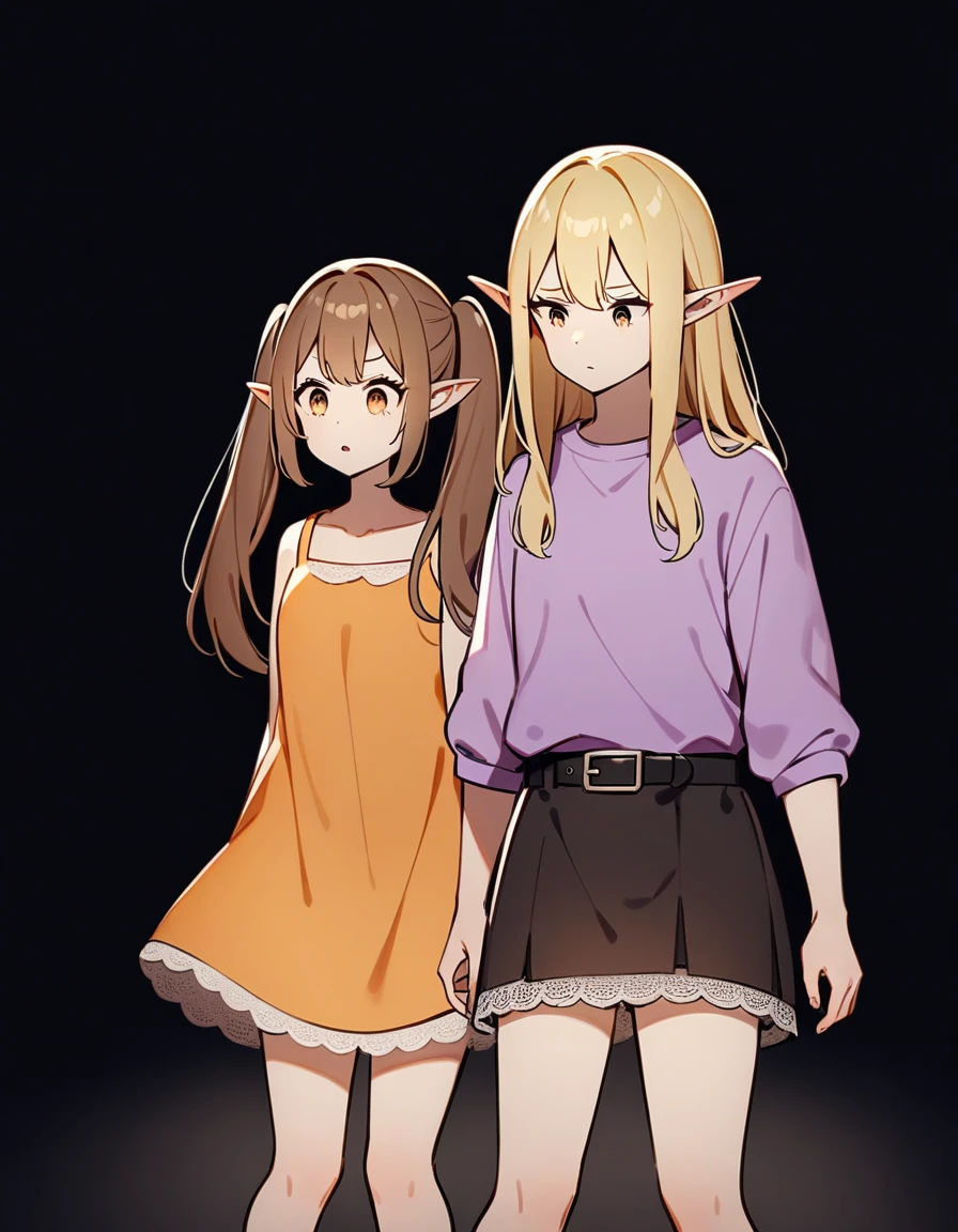 girl, Brown hair, two ponytails in hair, Brown eyes, White T-shirt, orange sundress, Black Belt, Short skirt, white lace at the end of the skirt, White background, full height, 2girl, blonde hair, Dark eyes, long hair, loose hair, elf, purple sweatshirt, In the dark, fear,