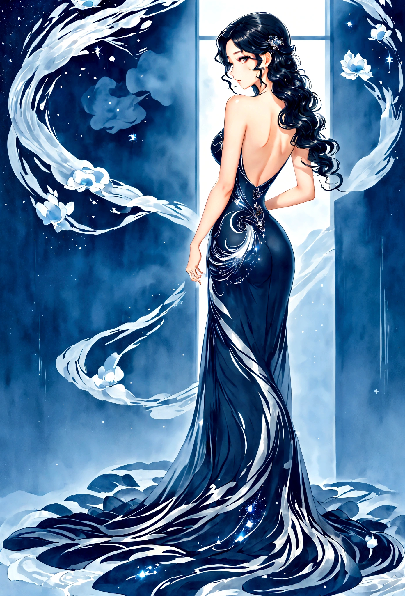 (masterpiece, best quality:1.2),Wavy hair secretary，solitary,Exquisite eyes,Fine black hair，( Smooth skin:1.2)( Wear a gorgeous and sparkling evening gown:1.2)， Slender body proportions，Back，Gorgeous room（（Intricate details））