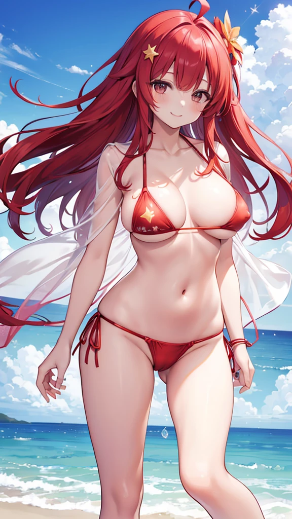 ((Highest quality))((High resolution))nakano itsuki, Red long hair, Star hair ornament, Ahoge, bikini, smile, Big Breasts, Beach,((see through bikini)),((erect nipples))