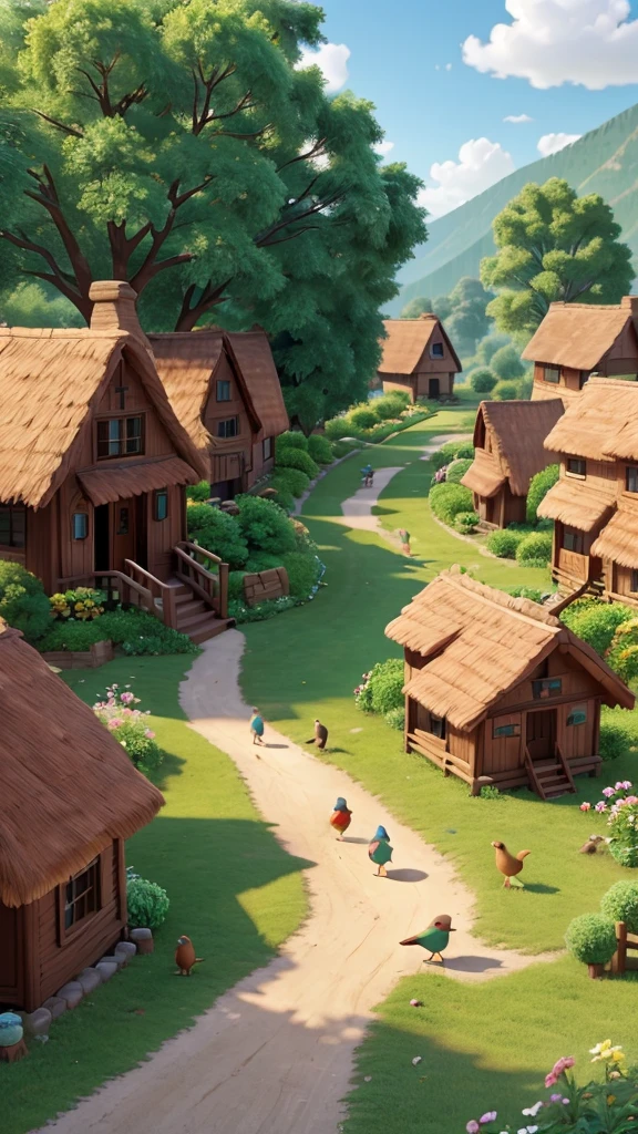 It is morning time. The village is getting busy. Children are playing, and the chirping of birds can be heard.