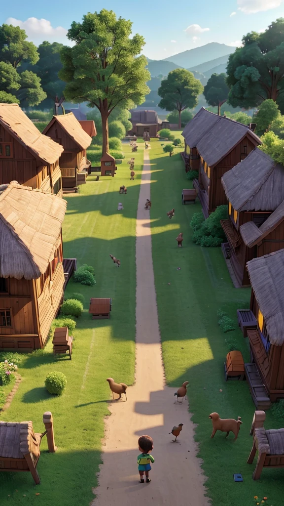 It is morning time. The village is getting busy. Children are playing, and the chirping of birds can be heard.