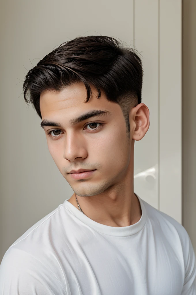 A boy with clean shave standing while facing his head towards right side