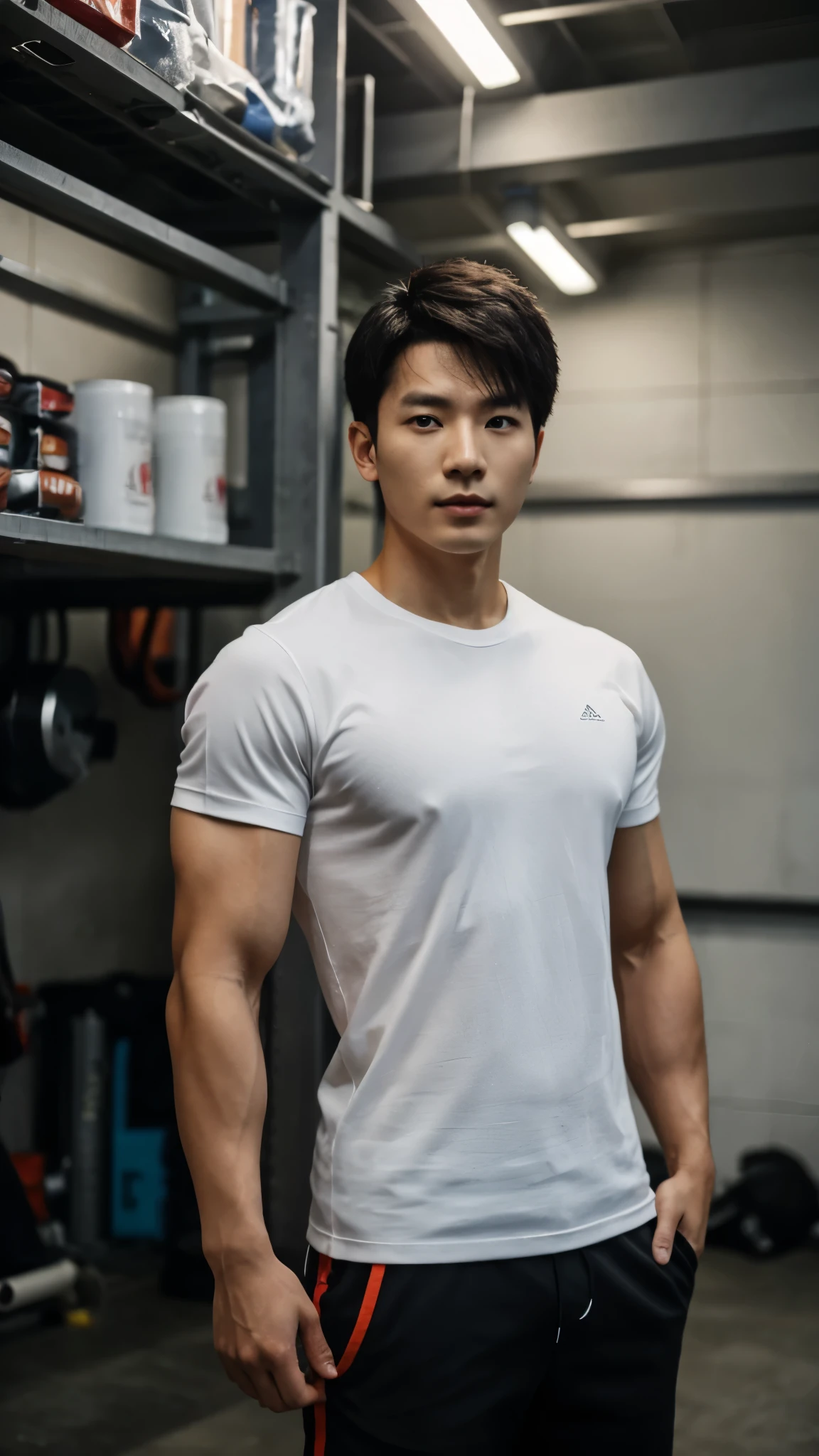 a Korean man in a T-shirt, pants, short cropped hair, standing in the garage, face to viewer, strong pose, muscular body, fierce expression, handsome face, detailed face, detailed clothing, detailed background, dim lighting, harsh scenery, intricate details, highly detailed, photorealistic, 8k, ((masterpiece)), cinematic style, portrait
