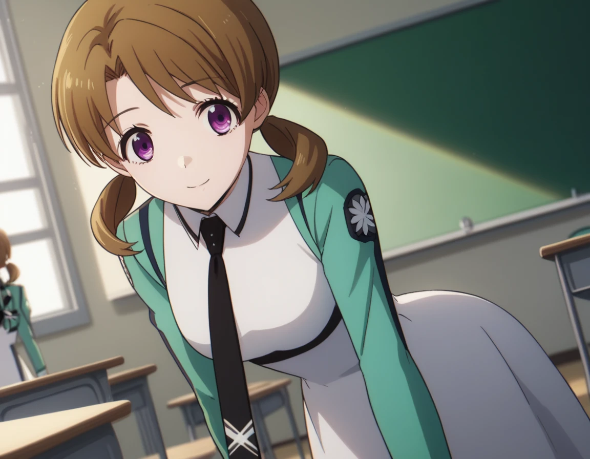 score_9, score_8_up, score_7_up, source_anime,
honokamitsui, honoka mitsui, bangs, brown hair, twintails, purple eyes, low twintails,
long sleeves, dress, , pantyhose, necktie, white dress, black necktie,
indoors, classroom, bent over, smile,
solo, dutch angle, looking at viewer, cowboy shot,