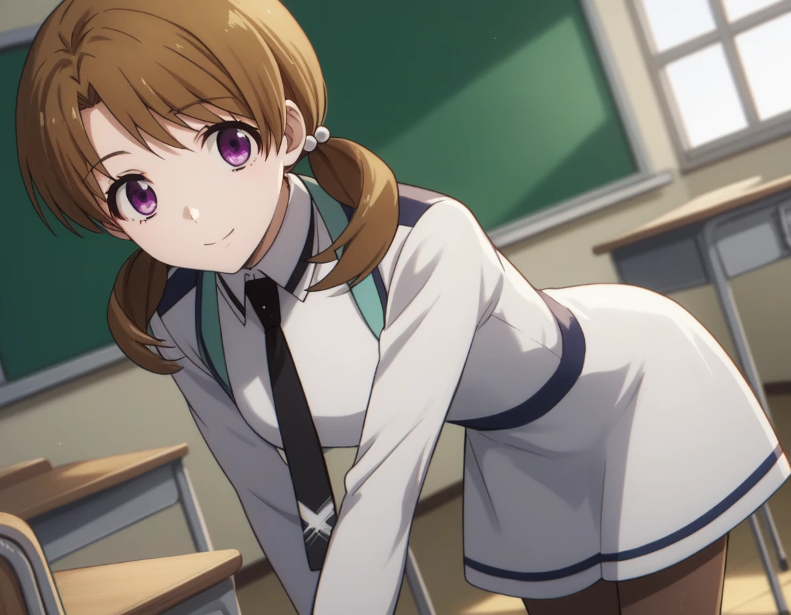 score_9, score_8_up, score_7_up, source_anime,
honokamitsui, honoka mitsui, bangs, brown hair, twintails, purple eyes, low twintails,
long sleeves, dress, , pantyhose, necktie, white dress, black necktie,
indoors, classroom, bent over, smile,
solo, dutch angle, looking at viewer, cowboy shot,