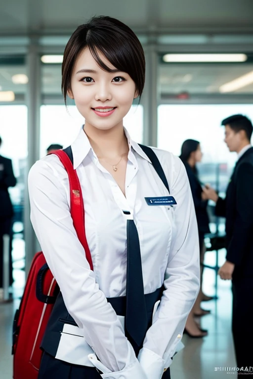 a gorgeous lady, age 21, Flight Attendant uniform, Shenzhen Airlines Stewardess,natural pose in airport, dimpled smile, short ponytail hair, short bob hair, cute snaggleteeth, well-endowed round bosom, photorealistic, beautiful detailed eyes, hyper-realism, high contrast, ultra HD, realistic skin textures, top image quality, top-quality, super high resolution, fine details, very meticulously, head to knees, hip focus, bokeh background