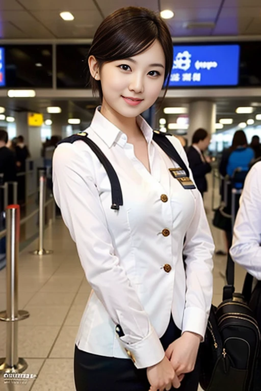 a gorgeous lady, age 21, Flight Attendant uniform, Shenzhen Airlines Stewardess,natural pose in airport, dimpled smile, short ponytail hair, short bob hair, cute snaggleteeth, well-endowed round bosom, photorealistic, beautiful detailed eyes, hyper-realism, high contrast, ultra HD, realistic skin textures, top image quality, top-quality, super high resolution, fine details, very meticulously, head to knees, hip focus, bokeh background