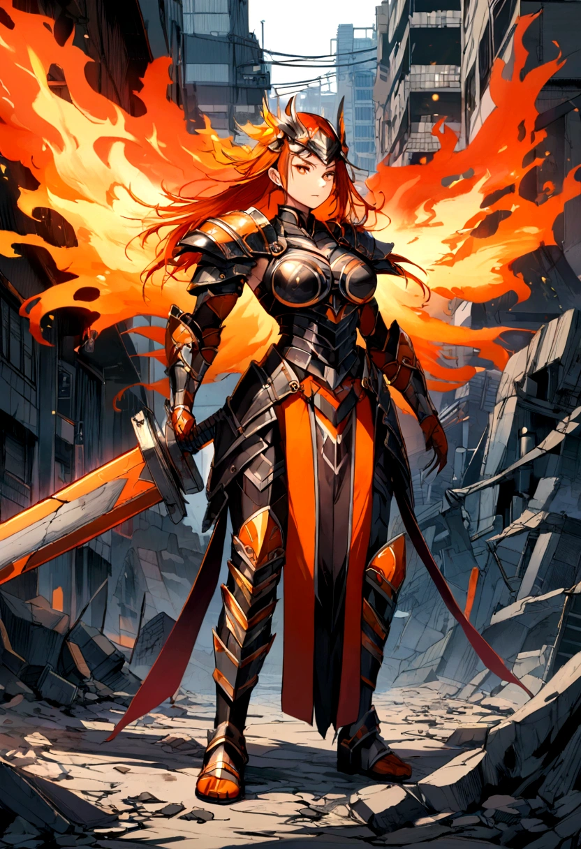 A vibrant digital illustration of a powerful female manga warrior, situated amidst a desolate, war-torn landscape, with ravaged buildings and shattered debris scattered in the background, in Tokyo, Japan. The warrior stands confidently, donning intricately designed armor, with a colossal sword resting on her shoulder, exuding an aura of strength and resilience. The artwork embodies a cinematic quality, with bold, dynamic brushstrokes and vivid, striking colors, such as fiery oranges, electric blues, and metallic silvers, that evoke a sense of high-octane energy and intense drama.