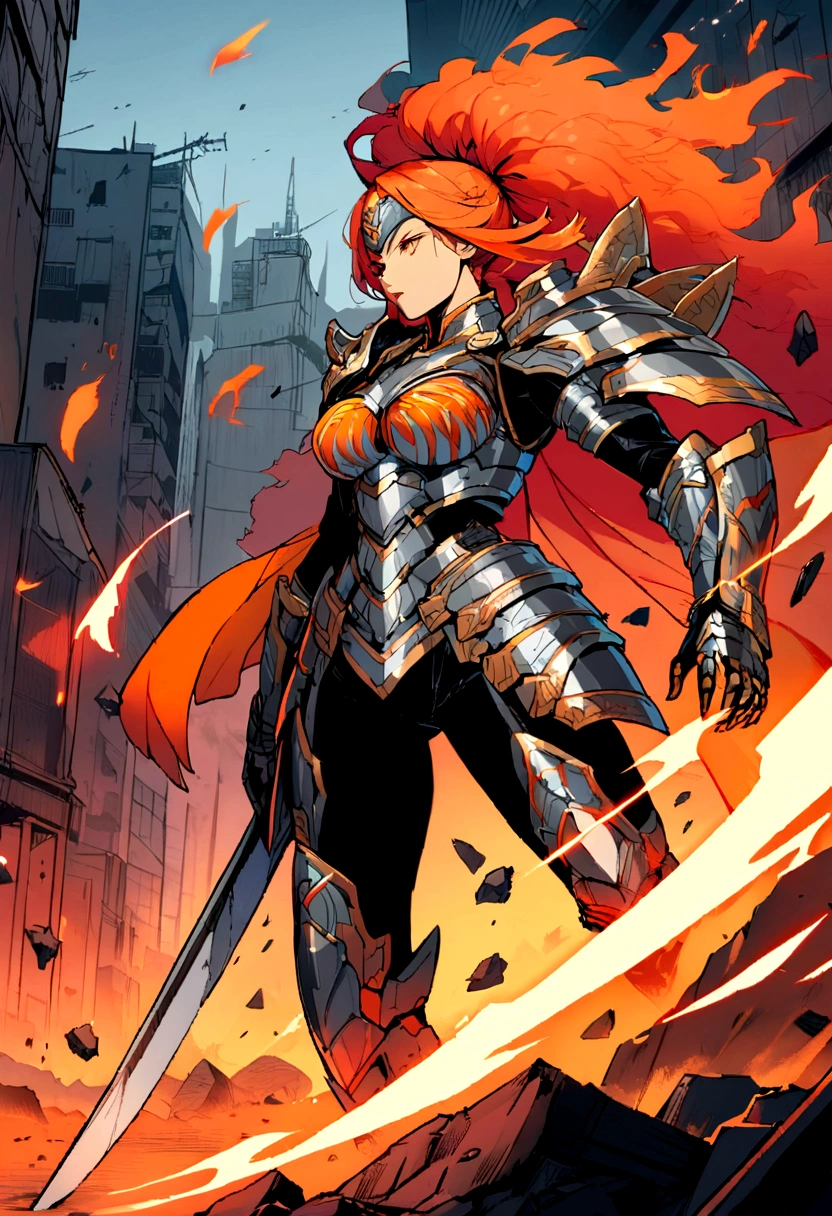 A vibrant digital illustration of a powerful female manga warrior, situated amidst a desolate, war-torn landscape, with ravaged buildings and shattered debris scattered in the background, in Tokyo, Japan. The warrior stands confidently, donning intricately designed armor, with a colossal sword resting on her shoulder, exuding an aura of strength and resilience. The artwork embodies a cinematic quality, with bold, dynamic brushstrokes and vivid, striking colors, such as fiery oranges, electric blues, and metallic silvers, that evoke a sense of high-octane energy and intense drama.

