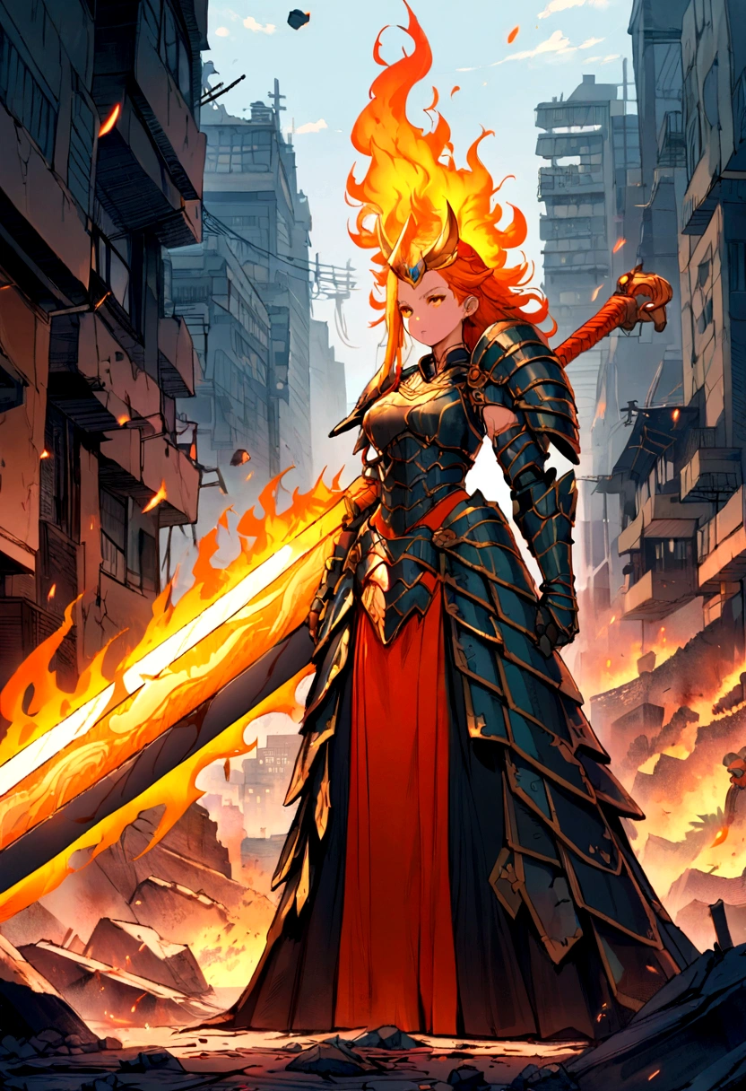 A vibrant digital illustration of a powerful female manga warrior, situated amidst a desolate, war-torn landscape, with ravaged buildings and shattered debris scattered in the background, in Tokyo, Japan. The warrior stands confidently, donning intricately designed armor, with a colossal sword resting on her shoulder, exuding an aura of strength and resilience. The artwork embodies a cinematic quality, with bold, dynamic brushstrokes and vivid, striking colors, such as fiery oranges, electric blues, and metallic silvers, that evoke a sense of high-octane energy and intense drama.