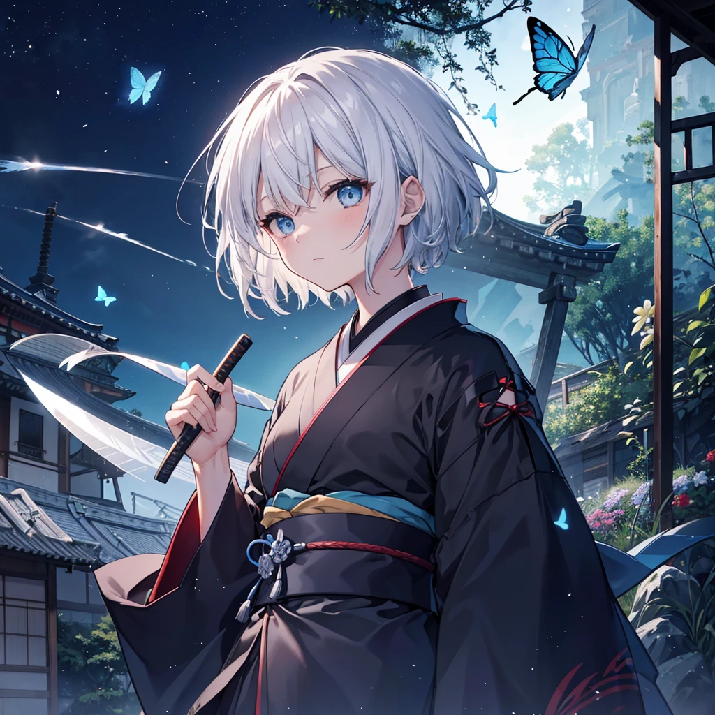 (((1 person))) ((High resolution Gray Hair short hair Black kimono Shoulder knifeを構える)) ((Black Band samurai Lonely despair blue eyes)) ((Blue Butterfly night Japanese style old Shining Aura garden shrine torii Catch the wind)) (dance 日本knife knife Slashing) moonlight star Draw your sword Shining Background Shining Edge