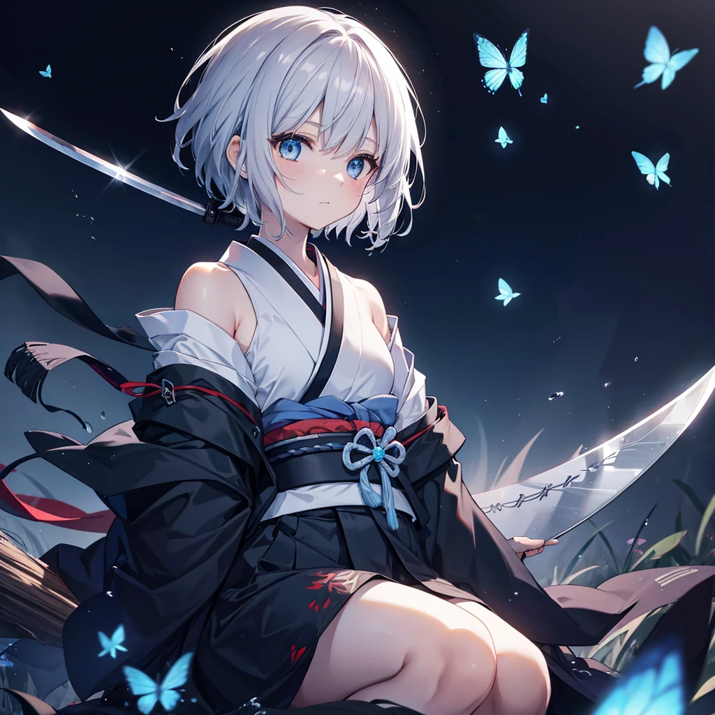 (((1 person))) ((High resolution Gray Hair short hair Black kimono Shoulder knifeを構える)) ((Black Band samurai Lonely despair blue eyes)) ((Blue Butterfly night Japanese style old Shining Aura garden water surface Catch the wind)) (dance 日本knife knife Slashing) moonlight star Draw your sword Shining Background Shining Edge