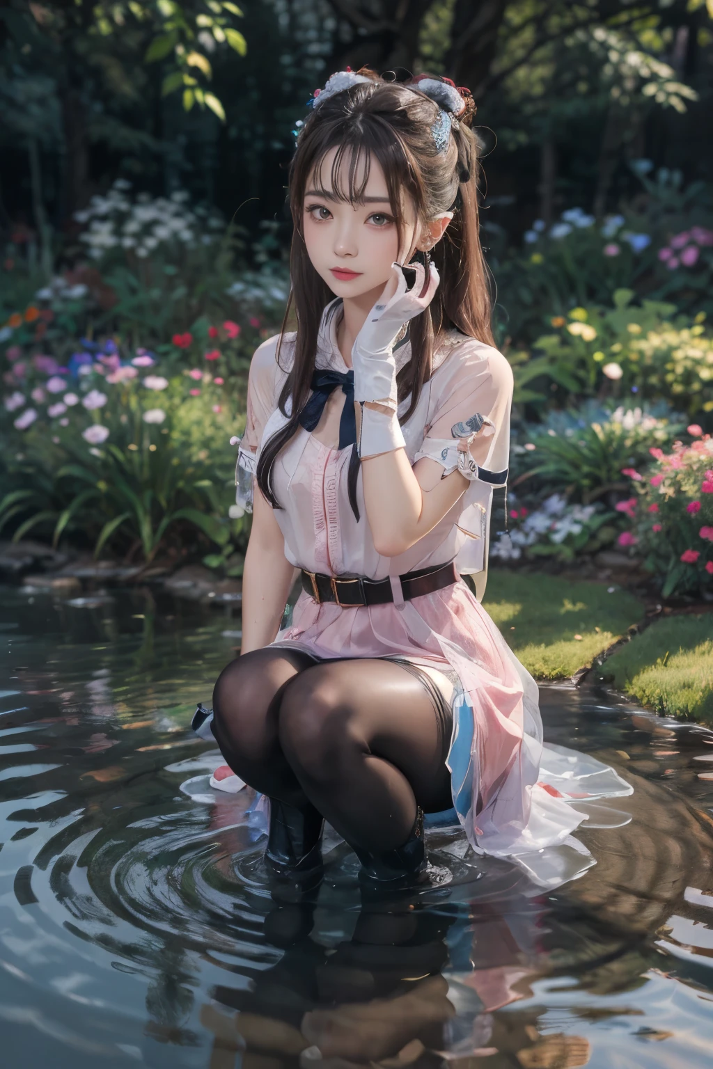 water，wet，masterpiece,best quality,high resolution,Extremely detailed,Elena,have,Long hair,curls,Pink Eyes,earrings,cape,dress,Short sleeve,Gloves,belt,skirt,Black pantyhose,boots,Wind lift,blush,(Make it embarrassing:1.2),outdoor,garden,