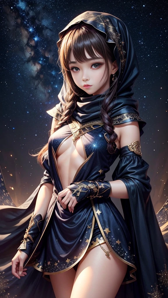 Scorpio,Mysterious starry sky background,Best quality,,cute,constellation,Characteristics of Scorpion,Conservative clothing,Clothes cover the chest