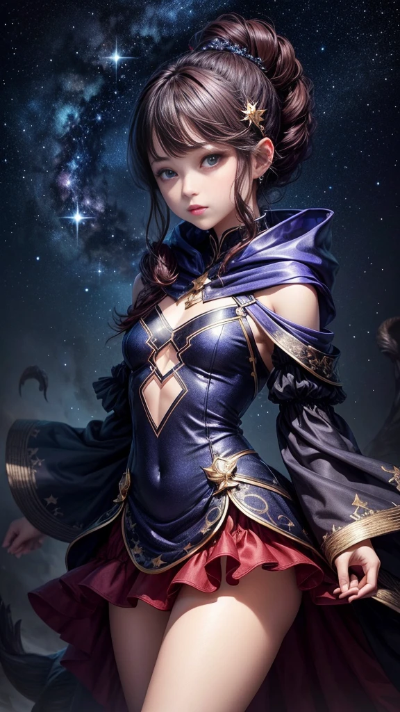 Scorpio,Mysterious starry sky background,Best quality,,cute,constellation,Characteristics of Scorpion,Conservative clothing,Clothes cover the chest