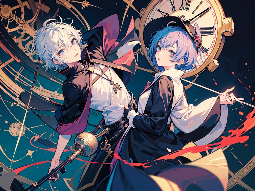 anime character boy with hat and cape standing in front of a clock, zerochan art, key anime art, kawacy, anime art wallpaper 4k, anime art wallpaper 4 k, anime art wallpaper 8 k, zerochan, best anime 4k konachan wallpaper, anime wallaper, 4k anime wallpaper, shigenori soejima illustration, anime wallpaper 4 k