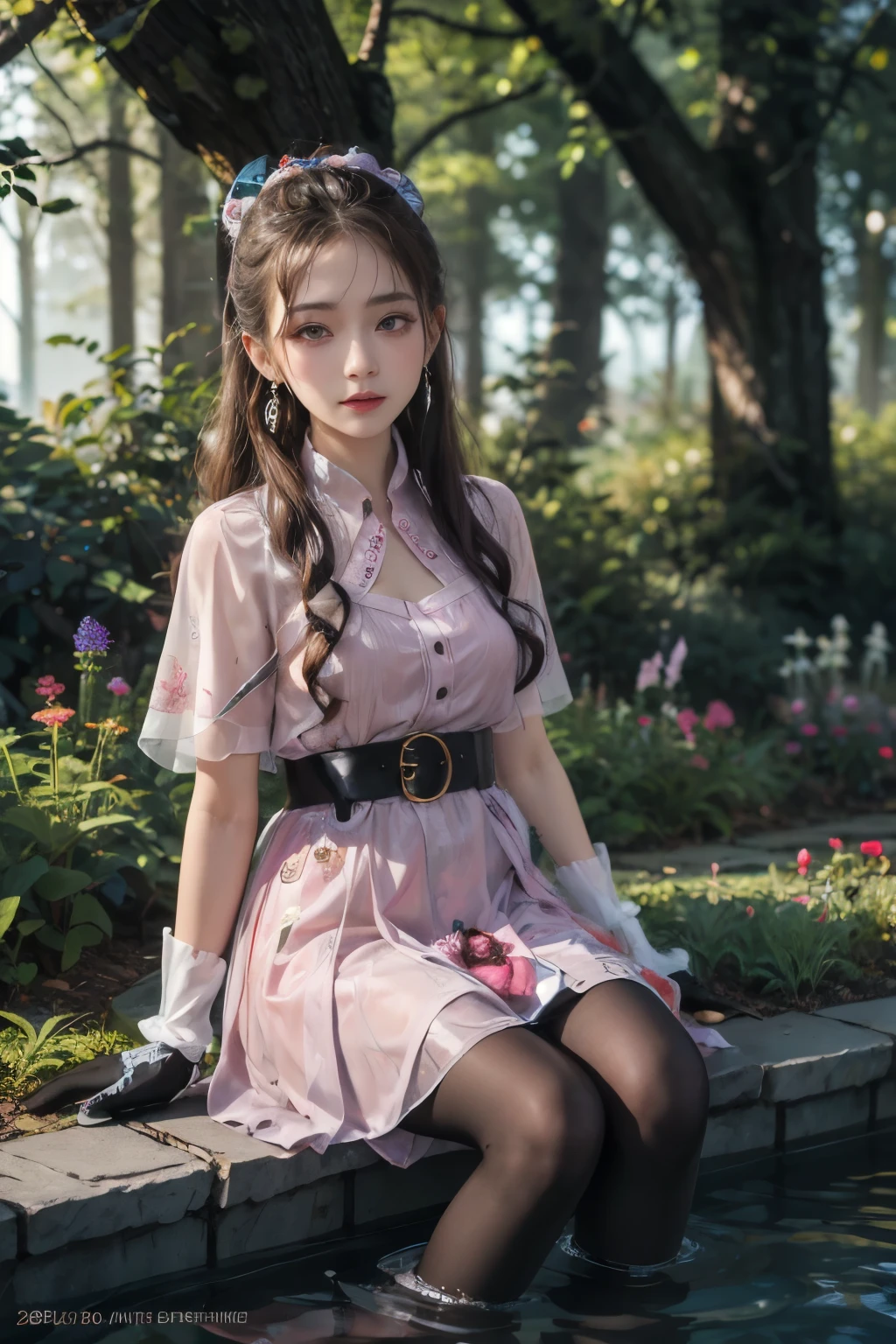 water，wet，masterpiece,best quality,high resolution,Extremely detailed,Elena,have,Long hair,curls,Pink Eyes,earrings,cape,dress,Short sleeve,Gloves,belt,skirt,Black pantyhose,boots,Wind lift,blush,(Make it embarrassing:1.2),outdoor,garden,