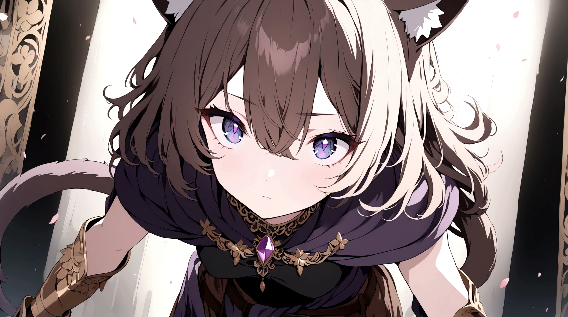 (1girl, Masterpiece, best quality) (detailed and beautiful eyes:1.6) (perfect hands, perfect anatomy) A young female character with long, brown hair featuring streaks, styled in loose waves. She has striking (purple eyes and a confident, slightly defiant expression). She has distinctive (cat-like ears, brown with pink inner fur with tail. She wears a black and dark purple form-fitting top fantasy adventurer adorned with gold and red accents, including intricate patterns. Over this, she has a dark-purple cloak covering with gold detailing. Accessories include a fiolet gemstone necklace and a belt with gold ornaments. She has a brown belt with dark fiolet accents cinched around her waist and (wears brown pants) with armored greaves.