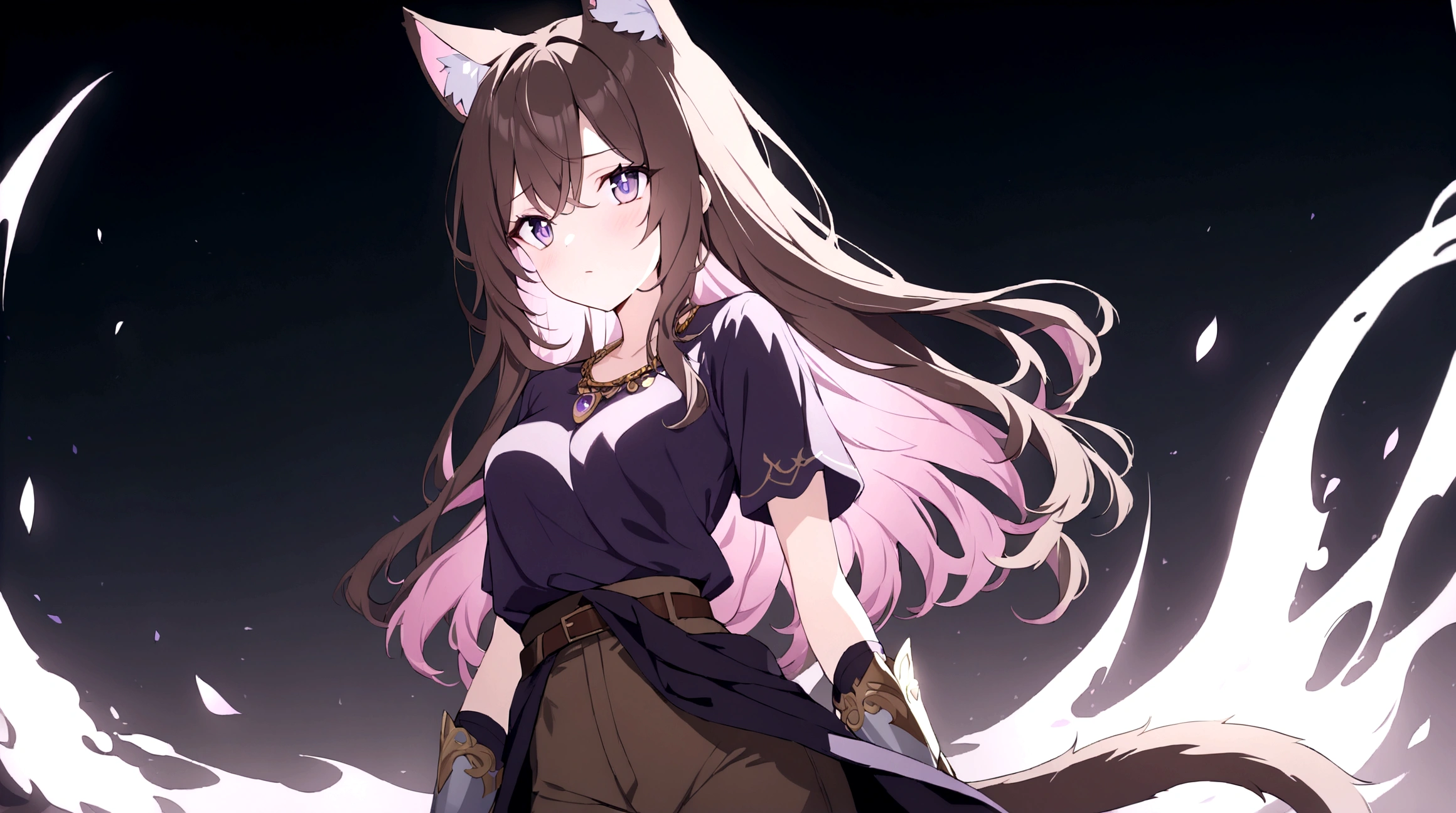 (1girl, Masterpiece, best quality) (detailed and beautiful eyes:1.6) (perfect hands, perfect anatomy) A young female character with long, brown hair featuring streaks, styled in loose waves. She has striking (purple eyes and a confident, slightly defiant expression). She has distinctive (cat-like ears, brown with pink inner fur with tail. She wears a black and dark purple form-fitting top fantasy adventurer adorned with gold and red accents, including intricate patterns. Over this, she has a dark-purple cloak covering with gold detailing. Accessories include a fiolet gemstone necklace and a belt with gold ornaments. She has a brown belt with dark fiolet accents cinched around her waist and (wears brown pants) with armored greaves.

