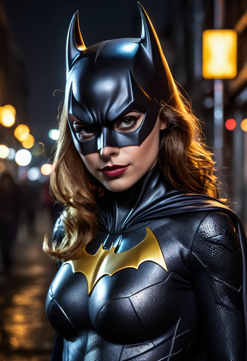 best quality, 8k, very delicate and beautiful, highly detailed face and skin texture, shiny skin, high resolution, batgirl stand on dirty street at night, full body, sharp focus
