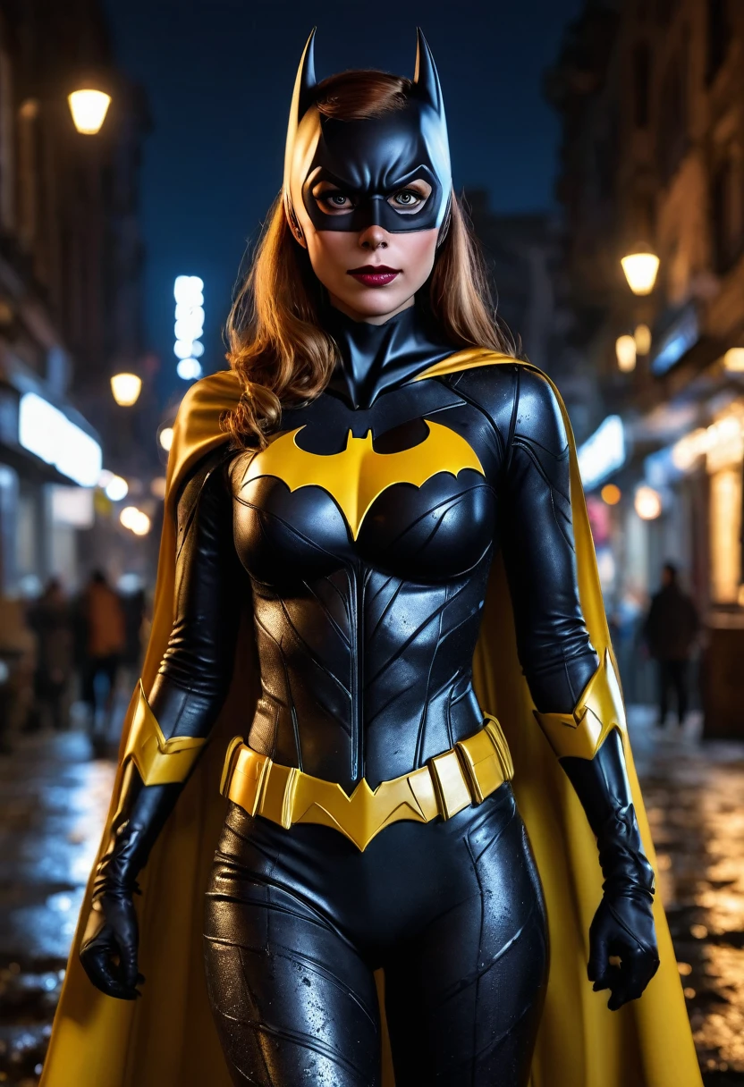 best quality, 8k, very delicate and beautiful, highly detailed face and skin texture, shiny skin, high resolution, batgirl stand on dirty street at night, full body, sharp focus