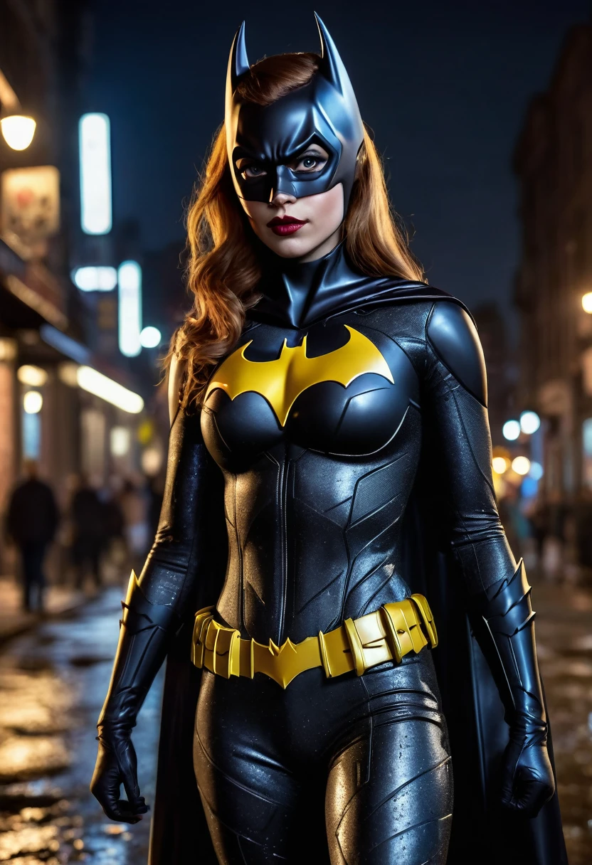 best quality, 8k, very delicate and beautiful, highly detailed face and skin texture, shiny skin, high resolution, batgirl stand on dirty street at night, full body, sharp focus