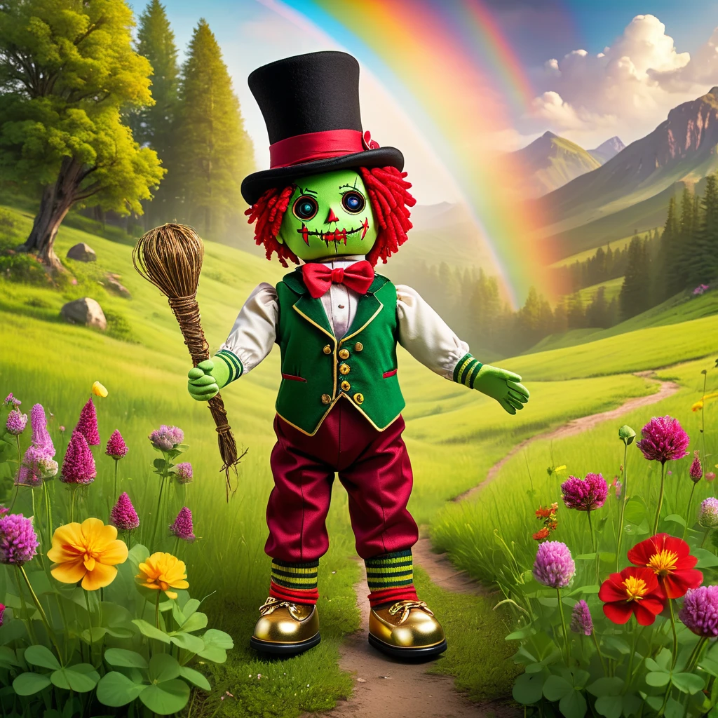 (knitted toy voodoo doll:1.9), (voodoo leprechaun:1.4), (holding a pot of gold:1.8), (wearing a green top hat with a gold buckle:1.2), (green checkered vest:1.2), (red knee-length pants:1.4), (striped green and white socks:1.2), (standing in a beautiful meadow filled with clover:1.4), (rainbow in the background:1.5), best quality, masterpiece, detailed soft oil painting, detailed background, dramatic cinematic lighting, soft edge lighting, professional, dramatic lighting, hard edge lighting, ultra quality, 4k, masterpiece, best quality, 8k, ultra high definition, high resolution, extremely detailed