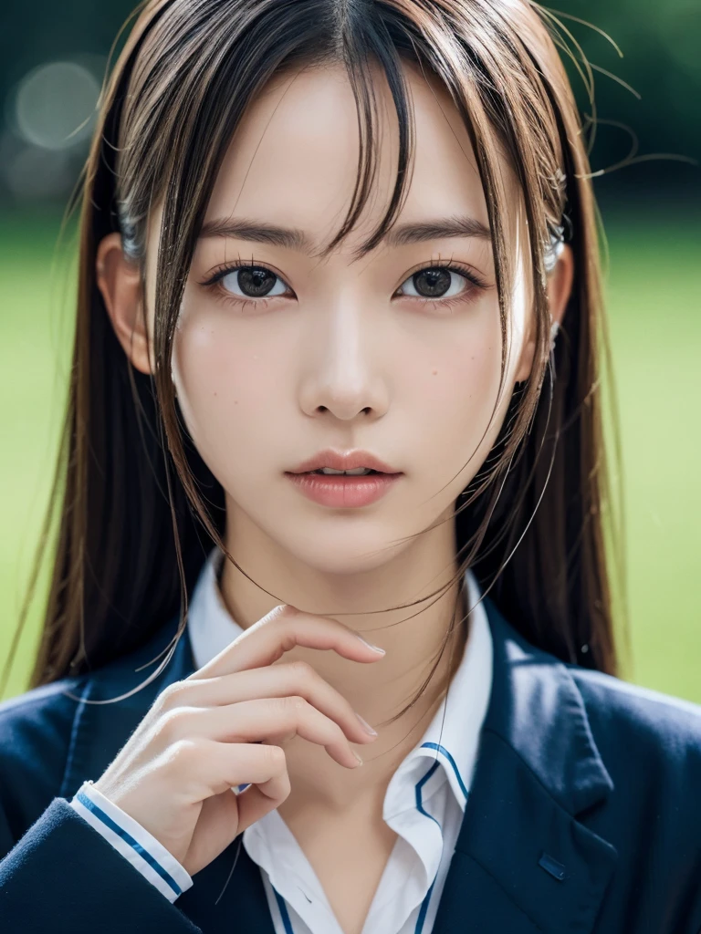 20 year old Japanese idol,grasses, beautiful and detailed eyes, beautiful and detailed lips, extremely detailed eyes and face, long eyelashes, slender body, thin face, delicate features, perfect porcelain skin, glistening sweat, extremely thin hands, extremely thin fingers, the best ratio of four fingers to one thumb, realistic, uniform, school classroom, first person view, Fujifilm, F/1.2, 8K, masterpiece, nffsw, ultra-detailed, high quality, best quality, high resolution