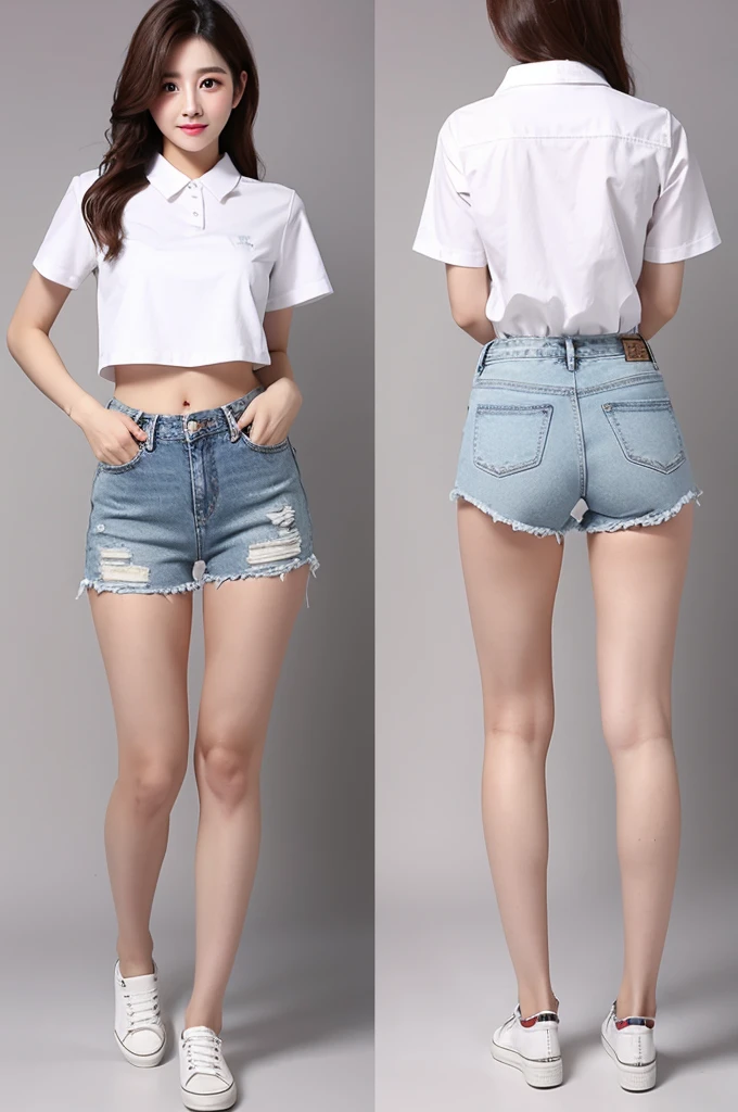 white　shirt　denim　short pants　back